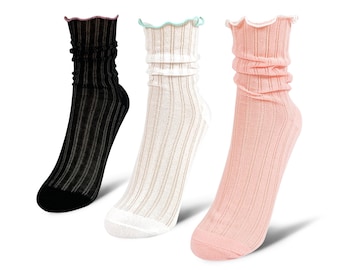 Sheer Lace Trim Crew Socks, Black and White Gingham Pattern (3-Pack)