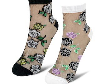 Women's See-Through Lace Trim Sheer Socks, Black and White, Crew Length, Pack of 2 w/gift pack