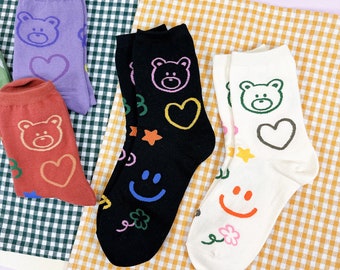 Smile & Bear Crew Socks - 5 Pair Set, Korean Fashion