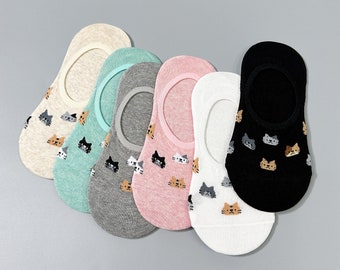 Women's No Show Cat Socks – 6 Pair Combed Cotton Set (Made in Korea)