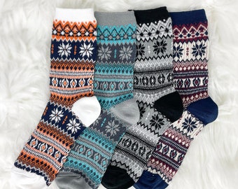 4PK Gift Set- Women’s Winter Thick Nordic Knit Cabin Crew Socks w/ Gift Box | Cozy, Vintage, Warm