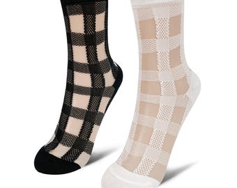 Sheer Lace Trim Crew Socks, Black and White Gingham Pattern (2-Pack)