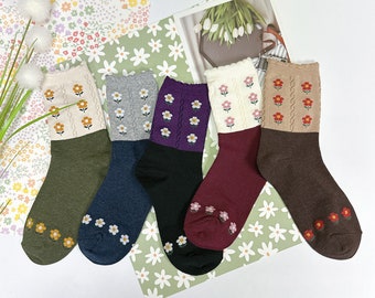 Floral Combed Cotton Crew Socks - Korean Fashion, 5-Pair Set