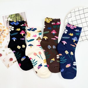 7DAYSSOCKS Women's Crew Mushroom Fleur Flower Socks - 4 Pair Set w/ Gift Bag | Daily Fashion Socks | Made in Korea