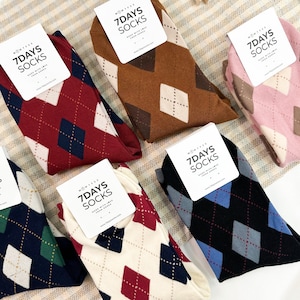 7DAYSSOCKS  Women&#39;s Crew Color Argyle Socks - 6 Pair Set w/ Gift Bag - Daily Fashion - Made in Korea