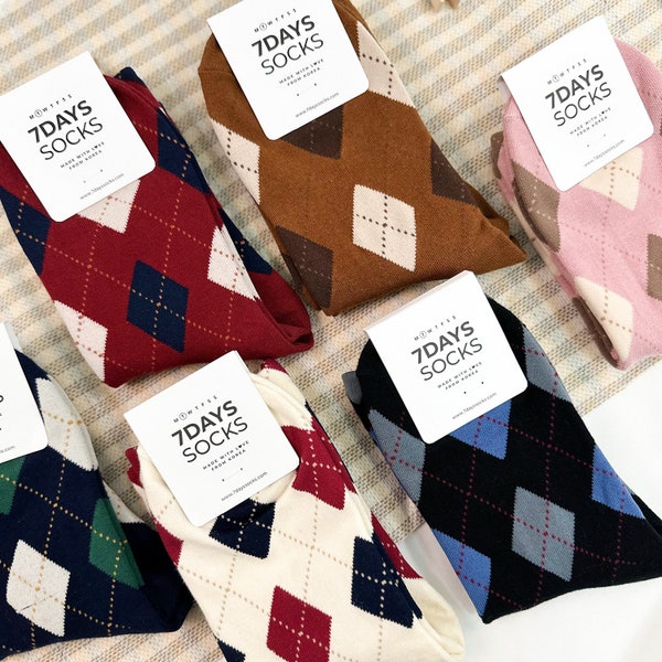 7DAYSSOCKS  Women's Crew Color Argyle Socks - 6 Pair Set w/ Gift Bag - Daily Fashion - Made in Korea