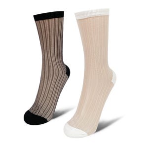 May include: Two pairs of sheer ribbed socks. One pair is black with a black cuff and heel. The other pair is beige with a white cuff and heel. Both pairs have a vertical ribbed pattern.