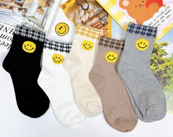 Smile Face Crew Socks - Korean Fashion Socks, 5 Pair Set