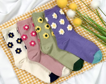 Floral Crew Socks - Tactel Blend, Korean Fashion (4 Pair Set)