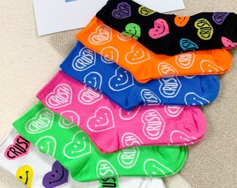 Neon Crush Heart Socks - Women's Combed Cotton Crew Socks, Gift Box Set