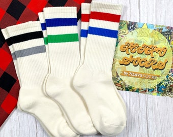 Retro Stripe Crew Socks Set - 80s Style Combed Cotton (3PK)