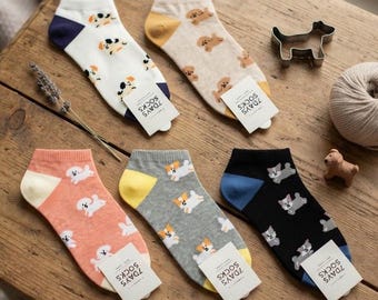 7DAYSSOCKS -Women's Ankle Puppy Friends Socks 5 Pair Set w/ Gift Bag-Made in Korea