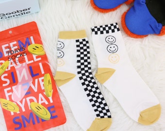 7AYSSOCKS Women's Mismatched Stylish AB Crew Socks w/ Gift Bag | Smile, Checkered, Retro