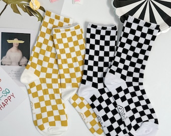 Checkerboard Crew Socks – Korean Fashion, Combed Cotton, 2 Pair Set