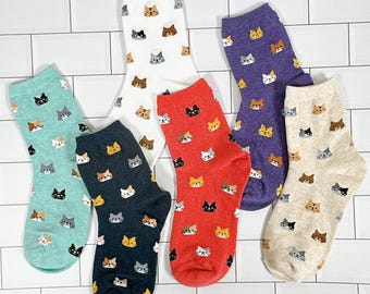 7DAYSSOCKS Women's Crew Cat Design Socks - 6 Pair Set w/ Gift Bag-Made in Korea