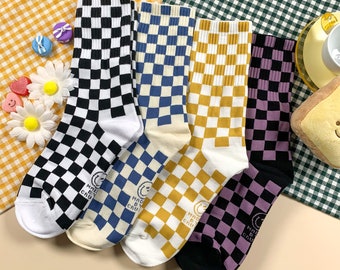 7DAYSSOCKS Women's Crew Crush Mini Checkerboard Socks - 4 Pair Set w/ Gift Bag - Daily Fashion - Made in Korea