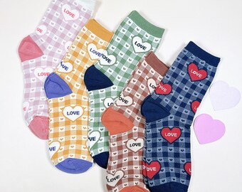Heart & Checkered Socks – 5 Pair Combed Cotton Crew Socks, Made in Korea