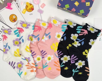 Floral Crew Socks Set – Combed Cotton, Daily Fashion, Gift Box