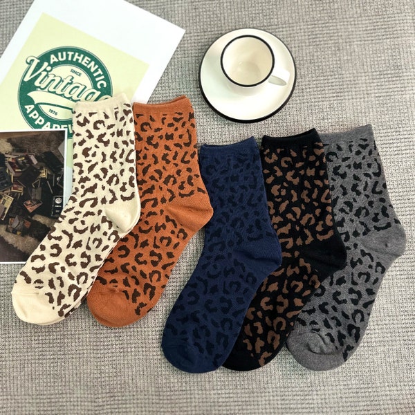 7DAYSSOCKS Women's Crew Trendy Leopard Socks - 5 Pair Set w/ Gift Bag - Daily Fashion - Made in Korea
