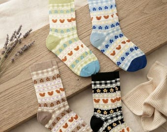 7DAYSSOCKS  Women's Pastel Bear Crew Socks- Korean Fashion, 4 Pair Set
