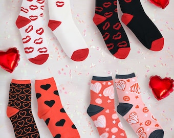 7DAYSSOCKS Women's Mismatched Stylish AB Crew Socks w/ Gift Bag | Variety Hearts, Kisses, Valentines
