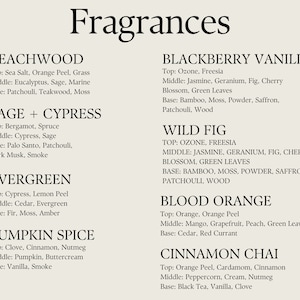 May include: A list of fragrances with names like Beachwood, Sage + Cypress, Evergreen, Pumpkin Spice, Blackberry Vanilla, Wild Fig, Blood Orange, and Cinnamon Chai. Each fragrance has a list of notes, including top, middle, and base notes.