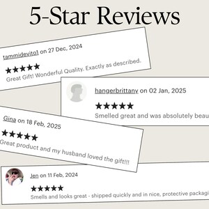 May include: Five 5-star reviews for a product. The reviews include comments about the product's quality, scent, and packaging.