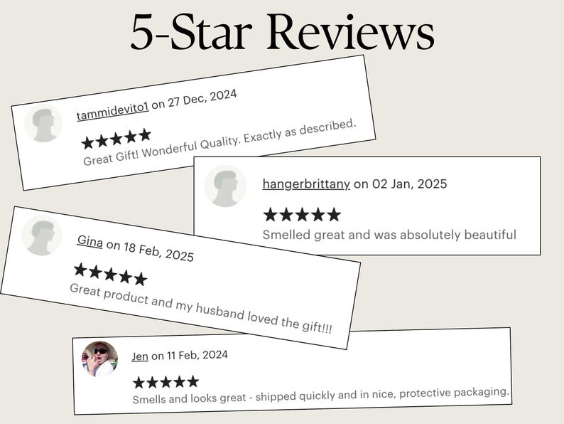 May include: Five 5-star reviews for a product. The reviews include comments about the product's quality, scent, and packaging.