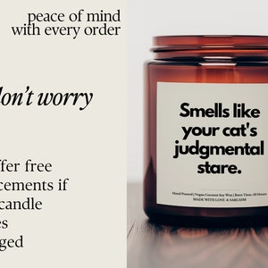 May include: A brown glass candle jar with a white label that reads "Smells like your cat's judgmental stare." The label also includes the text "Hand Poured | Vegan Coconut Soy Wax | Burn Time: 30 Hours | MADE WITH LOVE & SARCASM".