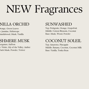 May include: A graphic with the text "NEW Fragrances" at the top.  Four fragrance names are listed with their top, middle, and base notes. The fragrances are: Vanilla Orchid, Cashmere Musk, Sunwashed, and Coconut Soleil.