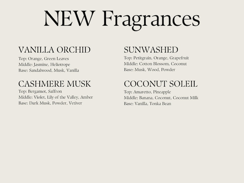May include: A graphic with the text "NEW Fragrances" at the top.  Four fragrance names are listed with their top, middle, and base notes. The fragrances are: Vanilla Orchid, Cashmere Musk, Sunwashed, and Coconut Soleil.
