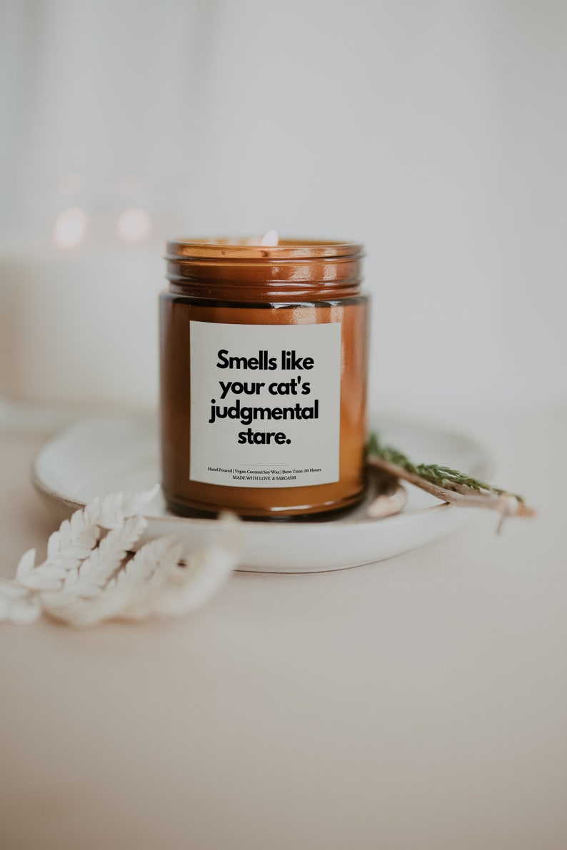 May include: A brown glass candle jar with a white label that reads "Smells like your cat's judgmental stare."  Hand-poured, vegan coconut soy wax with a burn time of 30 hours. Made with love & sarcasm.