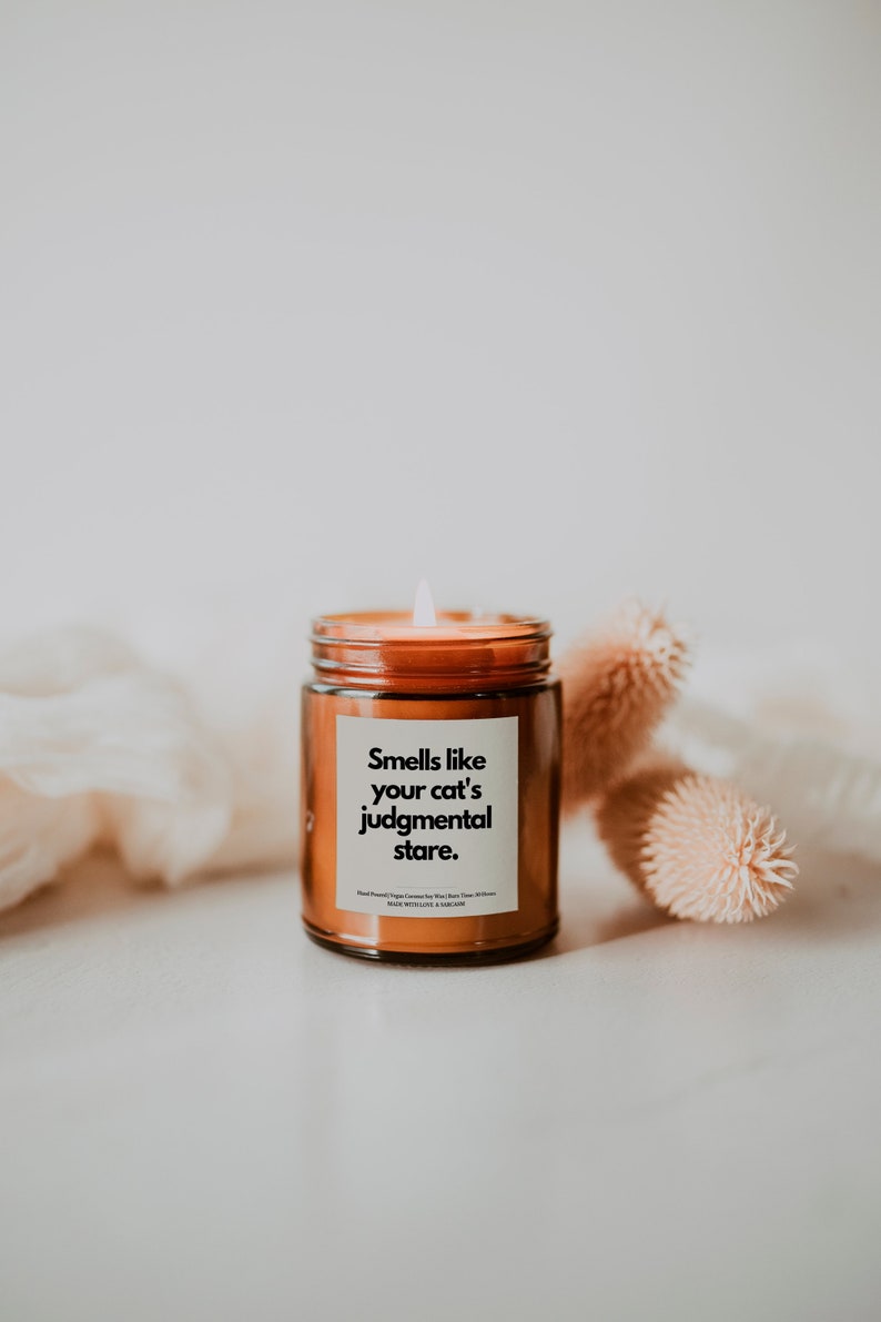 May include: A brown glass candle jar with a white label that reads "Smells like your cat's judgmental stare." The candle is lit and the flame is visible. The candle is sitting on a white surface with dried flowers.