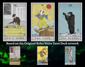 PAQUETE DE 3 - Impresión de cartas del tarot clásicas de terror: Freddy, fantasma, Pennywise.