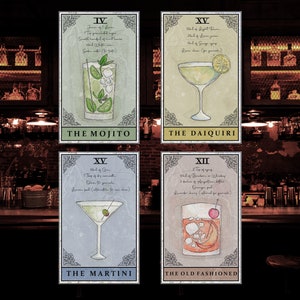 CONFEZIONE DA 4 - Stampe di cocktail con carte dei tarocchi 4 x 6 - Mojito, Old Fashioned, Daiquiri, Martini