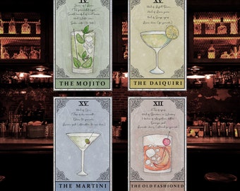 Paquete de 4 impresiones de cócteles de cartas del tarot de 4 x 6: mojito, old fashioned, daiquiri, martini
