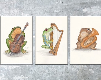 PAQUETE DE 3 - impresiones de ranas músicos de 4 x 6