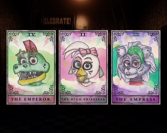 Paquete de 3 impresiones de cartas del tarot de FNAF: Chica, Roxanne Wolf y Montgomery Gator