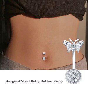 Unique Butterfly Design or 3 Stone Flower Diamond Design Crystal Belly Bar, Belly Piercing, Belly Ring, 2 Designs & Colours Available