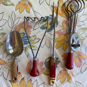 Retro Red Painted Wooden Handled Utensils ~ Set of Four, Vintage kitchen tools cooking collectible decor