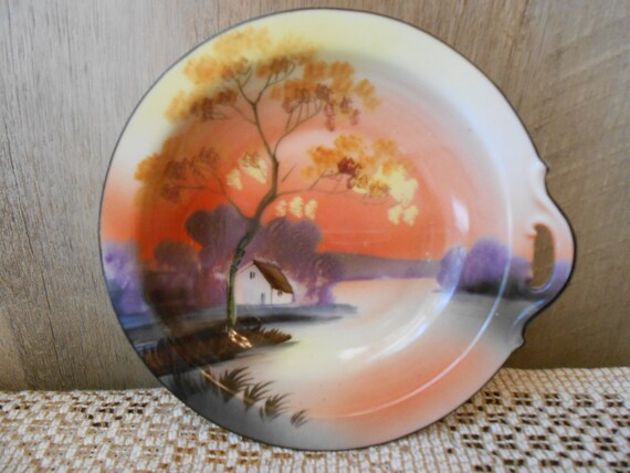 Vintage Noritake Japan Hand Painted House, Lake, Tree Scenic Cake