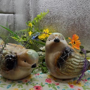 May include: Two ceramic bird figurines with brown, tan, and black coloring. The birds are decorated with faux flowers and greenery. The figurines are sitting on a floral patterned surface.