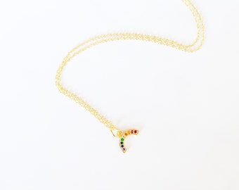 Rainbow Necklace, 14K Gold Plated, Cz Rainbow Pendant, Tiny Charm Necklace, Dainty Gold Jewelry, Celestial Necklace