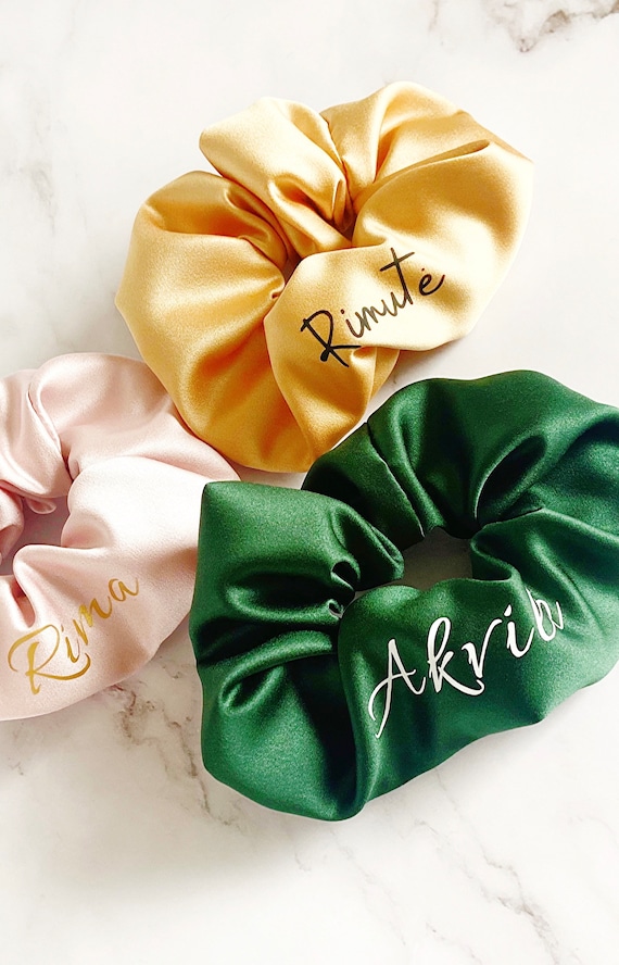 Personalized Satin Scrunchie, Custom Name Hair Tie, Bridesmaid Gift