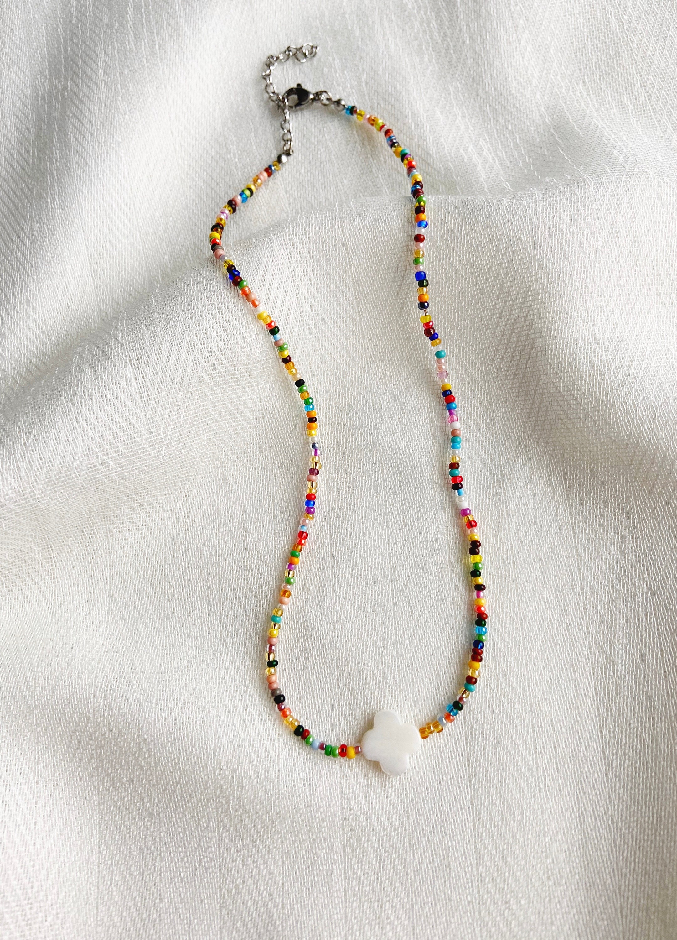 Clover Necklace, White Shell Clover Seed Bead Necklace, Four