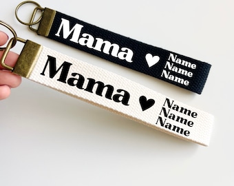 Personalized Mama Keychain: Custom Cotton Lanyard, Kids Names Key Fob