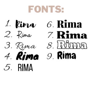May include: A visual comparison of nine different font styles for the word "Rima". The fonts range from handwritten to bold and blocky.