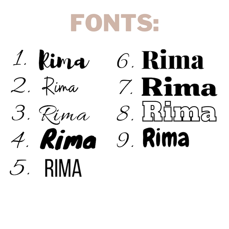 May include: A visual comparison of nine different font styles for the word "Rima". The fonts range from handwritten to bold and blocky.