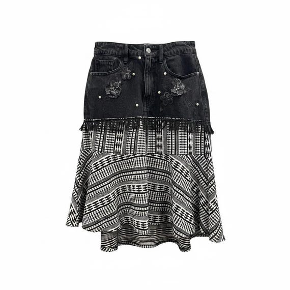 Black Denim Boho Western Skirt | Embellished Ruffle Maxi Skirt
