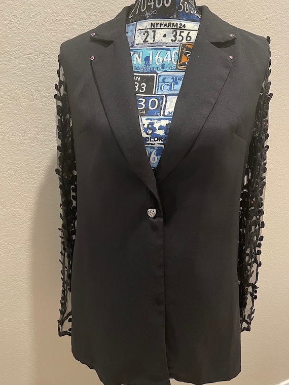 Black Embellished Jacket, Sheer Sequin Sleeves, Rose Heart Embroidery